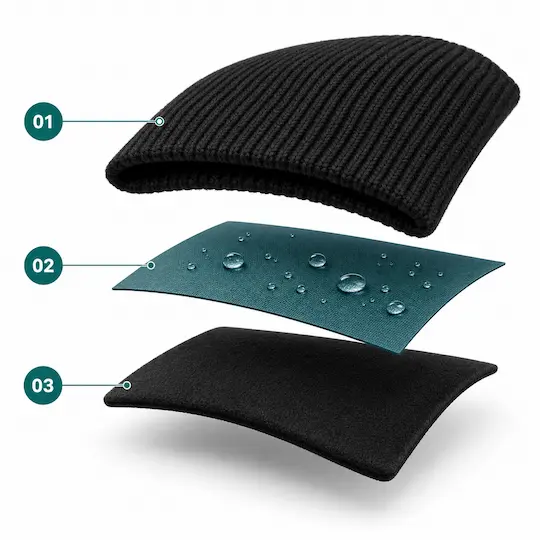 Illustration of the beanie’s knitted outer shell, waterproof membrane and soft inner lining
